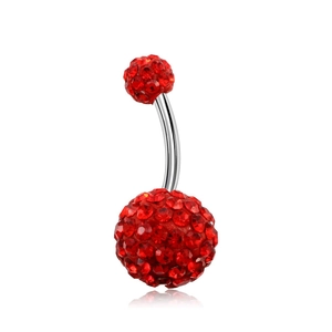 Detailed view of red crystal pave Shamballa belly bar navel ring in polished steel
