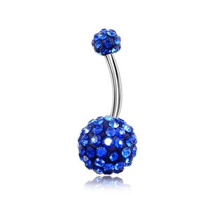 Detailed macro view of the double-ball belly button ring with blue crystal paved spheres