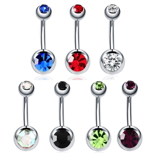 Set of seven stainless steel belly rings with colorful double zirconia crystals