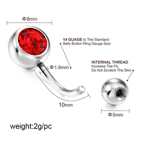 Surgical steel belly button ring with double red crystals and size specifications