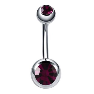 Detailed macro view of a silver curved belly button ring with two deep purple crystals