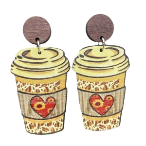 Pendientes de madera con taza de café, estampado de leopardo y corazón para Acción de Gracias