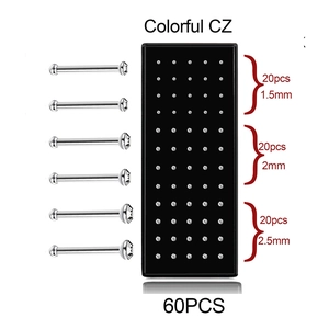 60er-Set Nasenstecker aus Edelstahl mit bunten CZ-Steinen in einer schwarzen Displaybox
