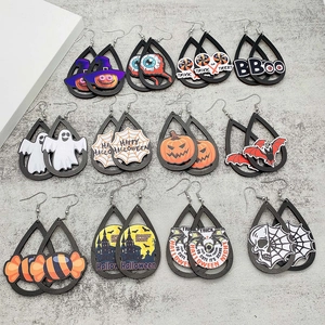 Orecchini Pendenti Halloween in Legno Zucca Fantasma Gatto Nero Ragnatela Orecchini Festa Spettrale Gioielli per Donna