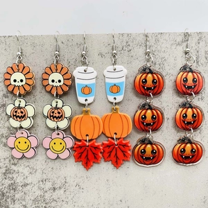 Acrylic Iron Halloween Pumpkin Maple Leaf Drop Earrings For Women Thanksgiving Party Gift Fashion Printed Jewelry Accessories