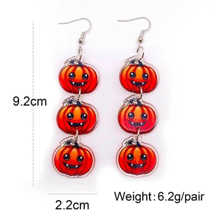 Detail view of pumpkin earrings showing measurements 9.2cm length and acrylic texture
