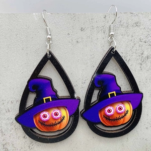 Orecchini a goccia per Halloween con cornice nera, zucca e cappello da strega viola