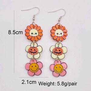 Three-tier Halloween floral drop earrings with pumpkin and skull acrylic charms, 8.5cm long