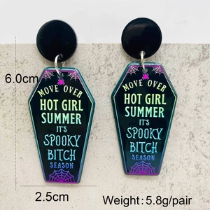Orecchini a bara per Halloween in acrilico con scritta verde e design gotico da 6 cm