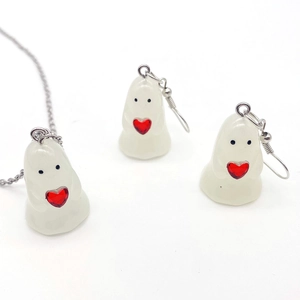 3D glowing ghost necklace and earrings set with red heart gem for Halloween jewelry