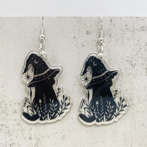 Halloween black cat earrings with wizard hat and moon pattern on acrylic charms