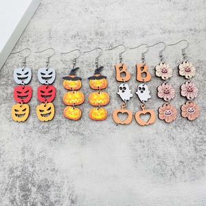 Halloween Wooden Drop Earrings Spooky Ghost Pumpkin Jack-O-Lantern Letter Boo Pattern Earrings Festive Party Women Jewelry