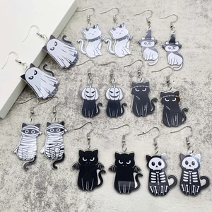 Halloween Acrylic Cat Pumpkin Ghost Drop Earrings For Women Gothic Horror Black Cat Skeleton Bat Earrings Holiday Jewelry Gift
