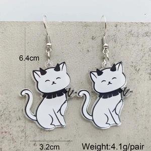 Acrylic Halloween demon cat earrings with pitchfork, white cartoon kitty jewelry