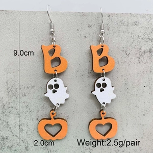 Halloween dangle earrings with orange B, white ghost and pumpkin wooden charms
