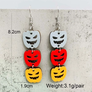 Three-tier Halloween pumpkin wooden drop earrings with glitter finish and size dimensions