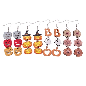 Halloween wooden earrings set featuring spooky pumpkins and ghosts on white background