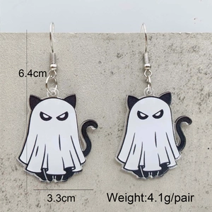 Halloween ghost cat acrylic earrings measuring 6.4cm by 3.3cm on a grey stone background
