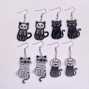 Halloween acrylic earrings set featuring cartoon skeleton, mummy, and pumpkin cat designs