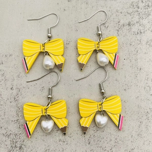 Pencil-shaped bow earrings with acrylic heart and pearl pendants for back to school