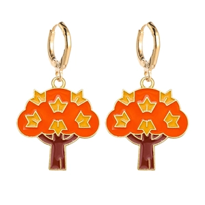 Cute autumn tree earrings with orange enamel leaves and golden metal hoops for women
