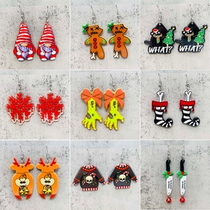 Horror Christmas Gnome Reindeer Acrylic Drop Earrings For Women Spooky Gingerbread Man Cat Snowflake Dangle Jewelry Decor