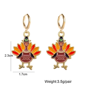 Colorful turkey drop earrings for Thanksgiving featuring enamel alloy and gold-tone hooks