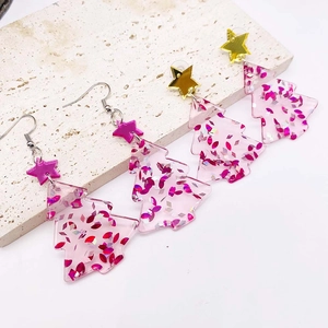 Pink glitter acrylic Christmas tree earrings with gold mirror star studs and hooks