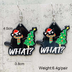 Close-up of acrylic Christmas black cat earrings with size details and double-sided print