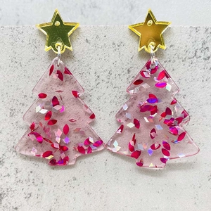 Pink acrylic Christmas tree earrings with gold mirror star studs and glitter sequins