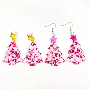 Pink acrylic Christmas tree earrings with glitter stars and sparkling sequins
