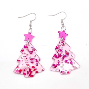 Pink acrylic Christmas tree earrings with glitter stars and silver hooks for women