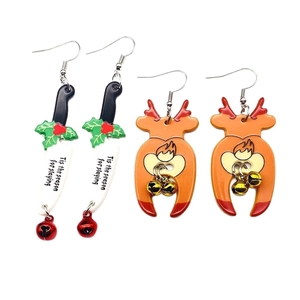 Christmas acrylic earrings with festive reindeer and dagger designs with small bells