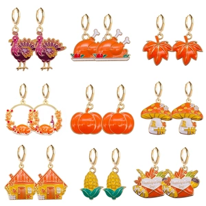 Thanksgiving Enamel Stud Earrings Alloy Turkey Pumpkin Maple Leaf Mushroom House Corn Earrings For Women Festival Gift Jewelry
