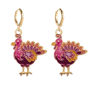 Turkey shaped enamel drop oil earrings with colorful feathers for Thanksgiving jewelry