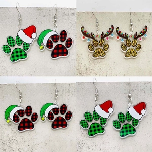 Kerst Acryl Kattenpoot Oorbellen Rendiergewei Ruit Luipaardprint Kerstmuts Hangende Oorbellen Voor Vrouwen Sieraden