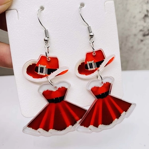 Cute Christmas Acrylic Dangle Earrings Red Santa Hat And Princess Dress Festive Hook Earrings For Women Holiday Party Jewelry