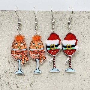 Creative Christmas Acrylic Wine Glass Dangle Earrings Santa Hat Elf Red Wine Bottle Drop Earrings For Women Xmas Jewelry