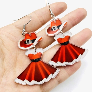 Christmas Santa hat and red dress acrylic dangle earrings with silver metal hooks