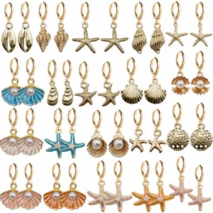 Boucles d'Oreilles Pendantes Thème Océan Étoile de Mer Coquille Conque Plaquées Or Alliage Émail Künstliche Perle d'Imitation Été Plage