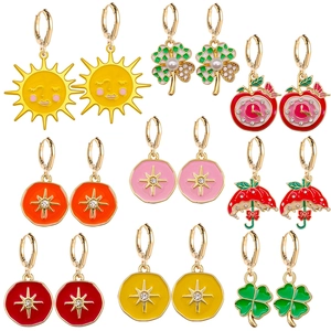 Alloy Enamel Leverback Drop Earrings For Women With Heart Clover Star Rainbow Sun Leopard Rhinestone Artificial Pearl Decoration Fashion Jewelry Gift