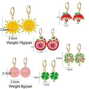 Creative alloy earrings set with heart, sun and clover charms in colorful drip oil finish