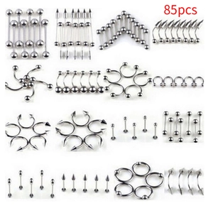 85-piece stainless steel body piercing set including nose, tongue, and belly rings