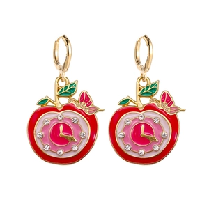 Creative red apple clock earrings with colorful oil drip finish and crystal rhinestones
