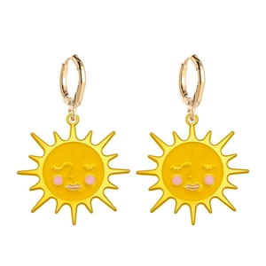 Cute yellow enamel sun earrings with cartoon faces and golden lever back hooks