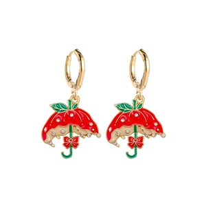 Golden umbrella drop earrings with red enamel and rhinestones for Valentine gift