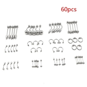 Detailed collection of 60 pieces silver stainless steel body piercing jewelry set