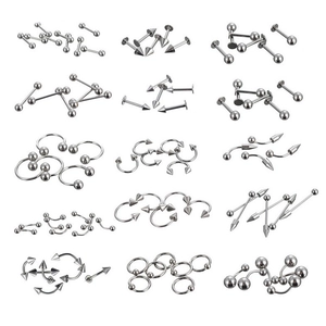 Collection of stainless steel body piercing jewelry including labret studs and rings
