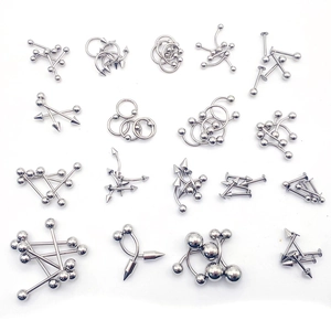 Macro display of diverse stainless steel body piercing jewelry set on white background