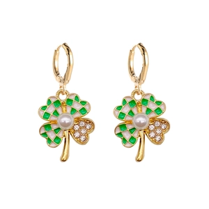 Golden clover earrings with green checkered enamel patterns and white pearl center